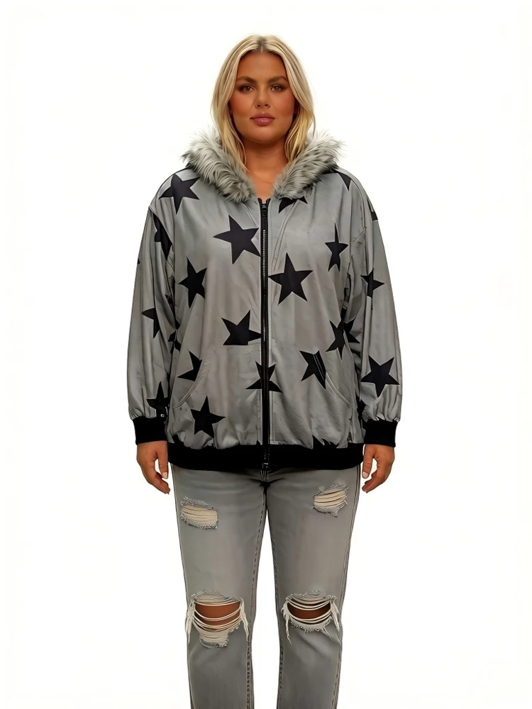 Women's Plus Size Star Print Jacket With Fur Hood Casual Loose Bomber Jacket Autumn Winter Warm Long Sleeve Zipper Coat Streetwe