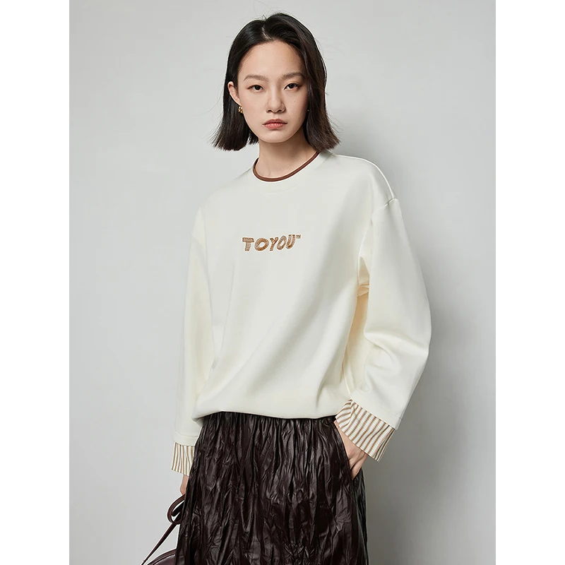 TOYOUTH Women Sweatshirt 2024 Spring New Maillard Style Fake Two Piece O Neck Patchwork Casual Pullover Tops