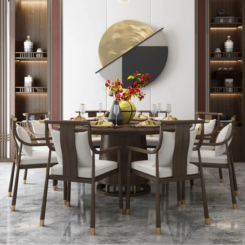 New Chinese solid wood dining table and chair combination, round dining table
