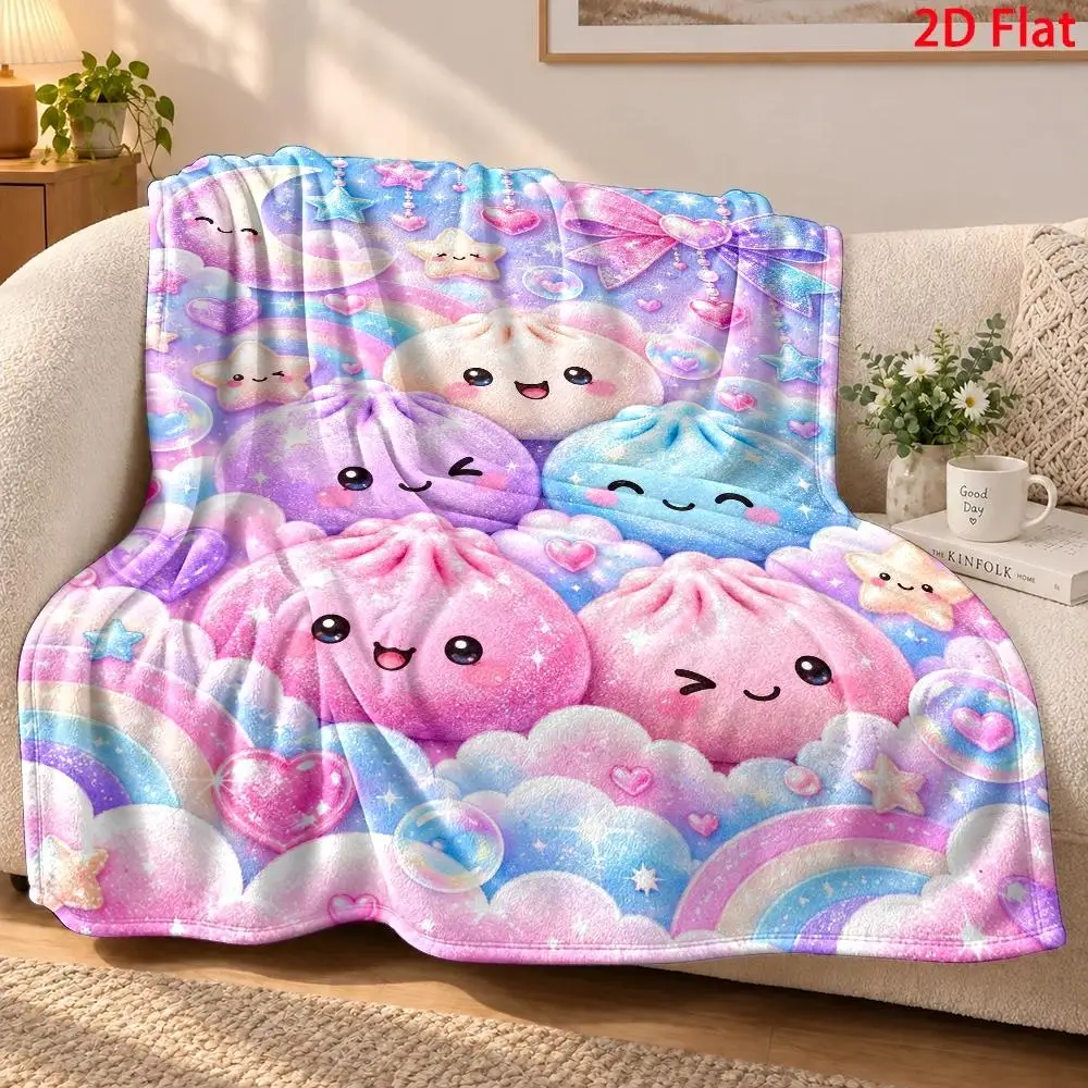 2D Flat, 280G/Square Meter, Cute Dumpling Pattern Flannel Blanket, Flannel Blanket with Dreamy Watercolor-Like Shiny Dumplings, Plush Blanket with Sparkling Hearts and Stars, Christmas Gift, Birthday Gift