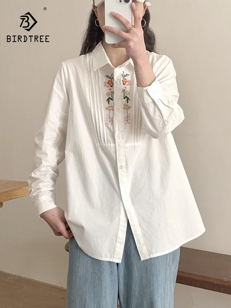 

New 2026 Spring Women Cotton Long Sleeve Shirt, Turn-down Collar Embroidery, Mori Girl Japan Preppy Style Loose Blouse T62422CC