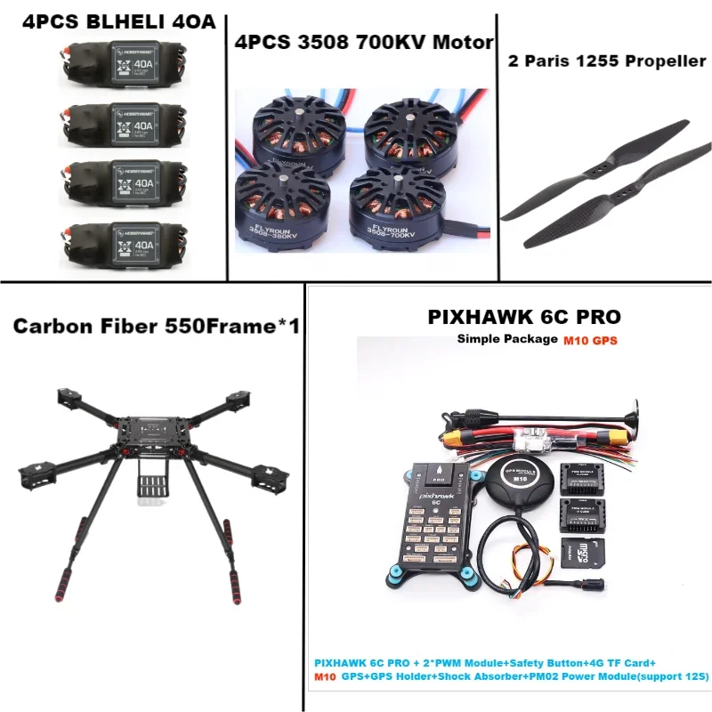 F550 Hexa Frame PIXHAWK 6C PRO M8N/M9N/M10 Flight Control Carbon Ardupilot Radio Telemetry Quadcopter 40A ESC 3508 700KV Motor