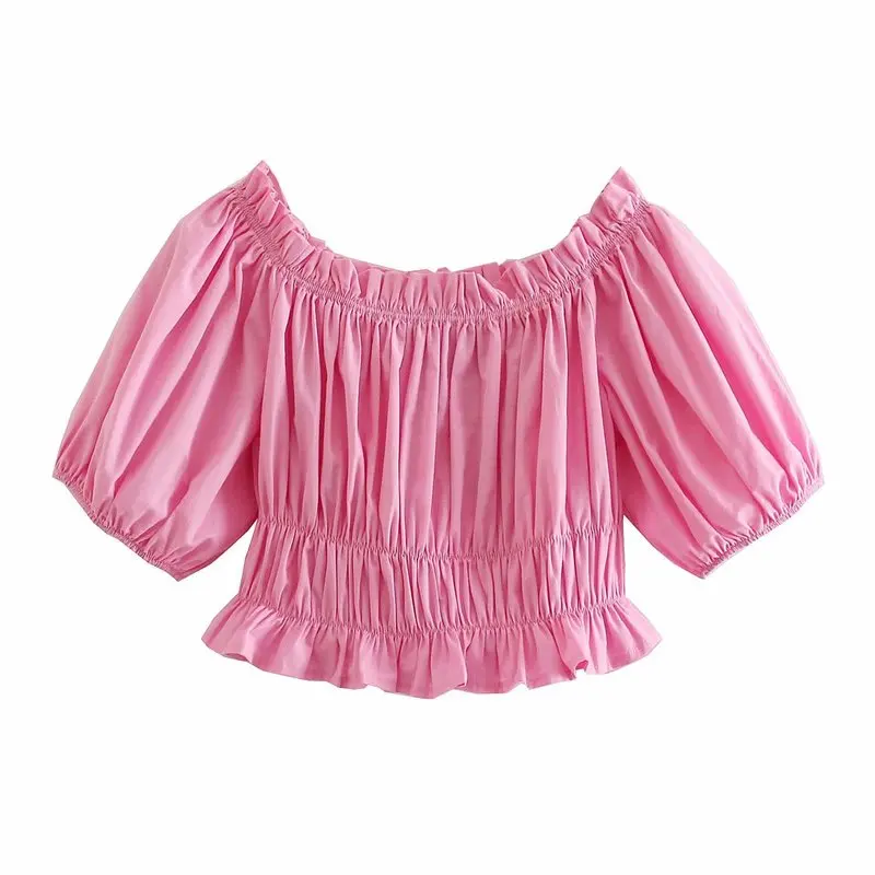 Off Shoulder Puff Sleeve Women 2024 New Blouse Shirts Crop Pink Top Summer Fashion Lace Up Ruched Blouse Blusas Mujer Tops