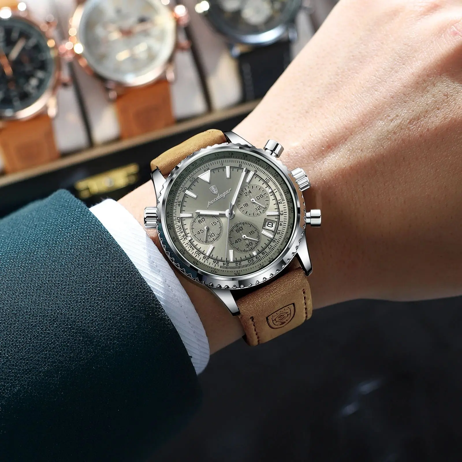 POEDAGAR แฟชั่นผู้ชายคุณภาพสูงนาฬิกา Chronograph กันน้ําปฏิทิน Man นาฬิกาข้อมือหนังควอตซ์นาฬิกาผู้ชาย + กล่อง