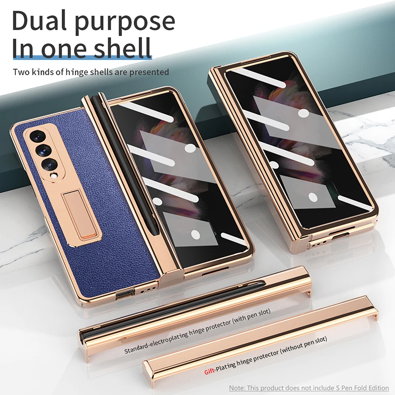 

Plating Hinge Case For Samsung Galaxy Z Fold 2 ZFold 3 ZFold 4 5G Case Glass Film Screen Protector Pen Slot Leather Stand Cover