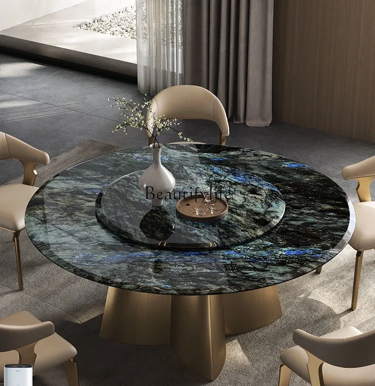 Natural marble round dining table luxury high-end hotel with turntable light luxury dining table