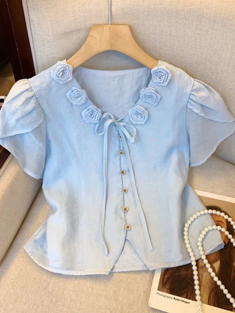 

Shirt Women V Neck Vintage Casual Sweet Blouse Korean Summer Short Sleeve Lace Up Retro Female Elegant Tops