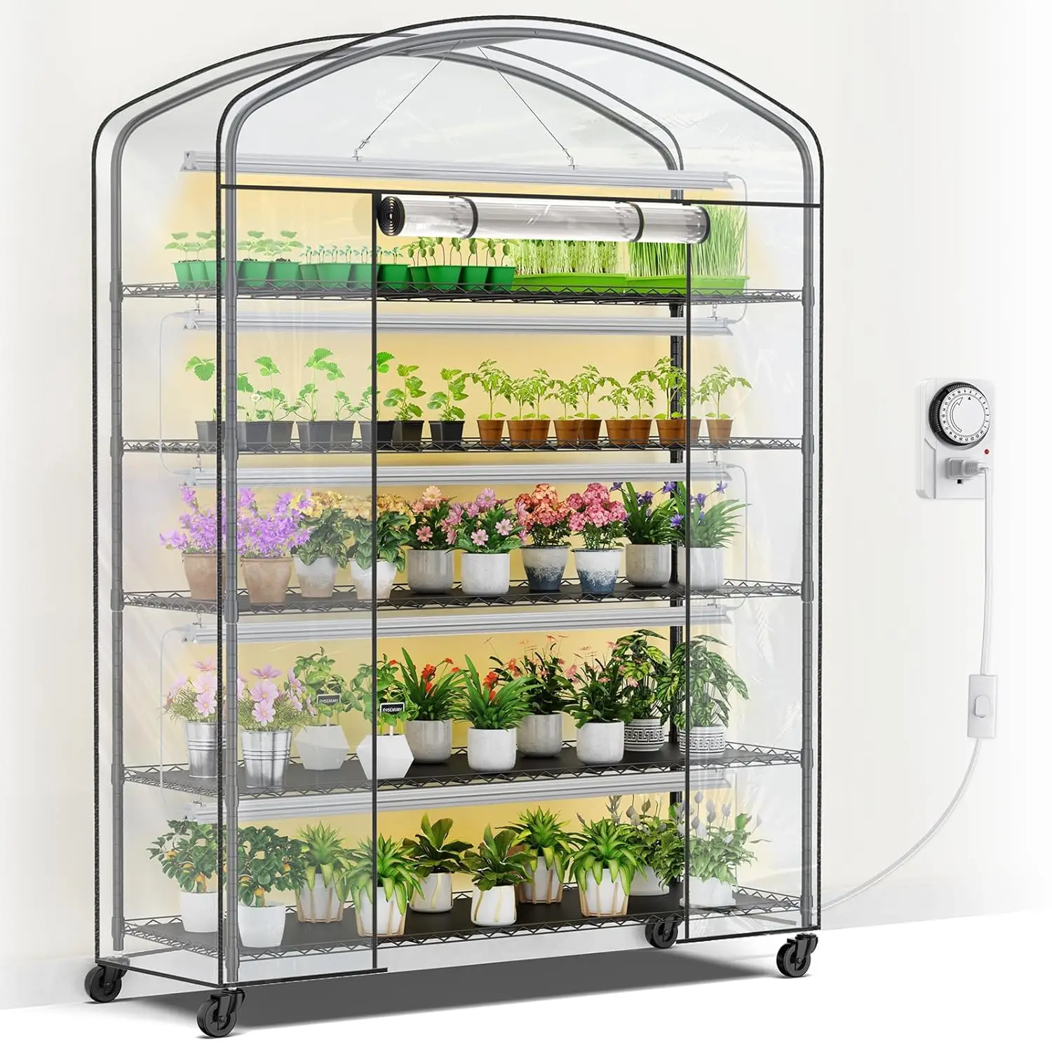 

Пятиуровневая теплица с регулируемой металлической полкой для растений, световодной лампой, ПВХ-покрытием и колесами, 21x60x80 дюймов, на заказ