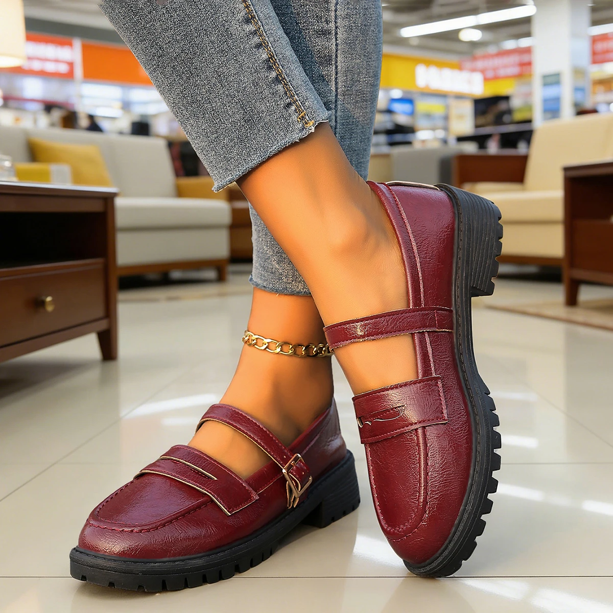 Women Loafers Retro Oxford Shoes Slip-On Chunky Heel Thick Bottom Rubber Sole Shoes Women Round Toe Daily Wear Sneakers Women
