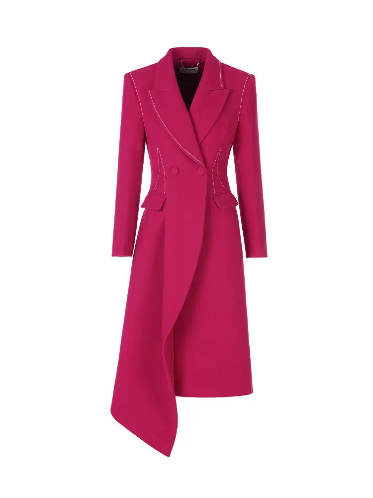 

Maggie Ma Red Coat Ele New Year Slim Fit Jaet Commute Sle Long Sve Woolen Coat Asymmetric Button Detail