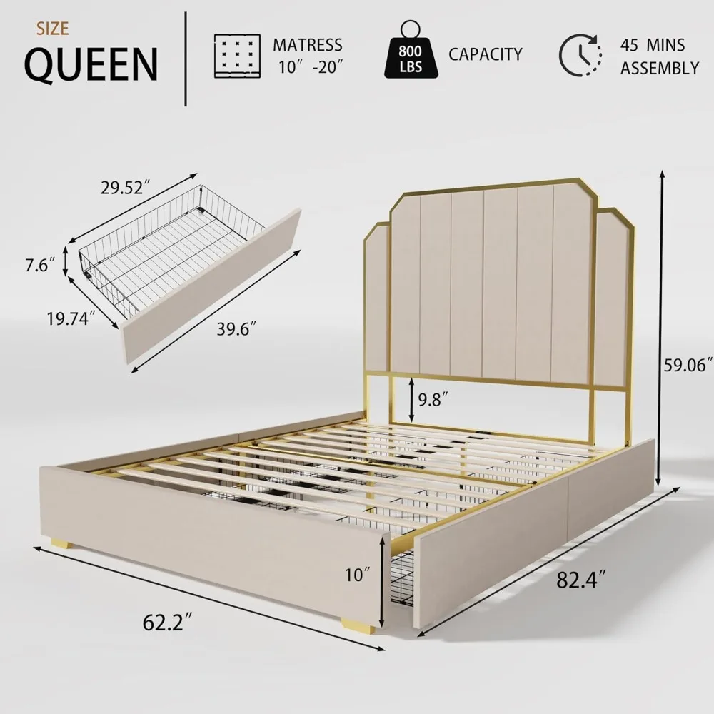 bedstead.Queen Size Bed Frame with Storage Drawers - High Headboard Upholstered Bedframe in Plush Velvet with Gold Accents