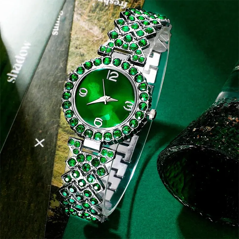 Green Watch Women Ring Necklace Earrings Rhinestone Fashion Wristwatch Female Casual Ladies Watches Bracelet Set Clock