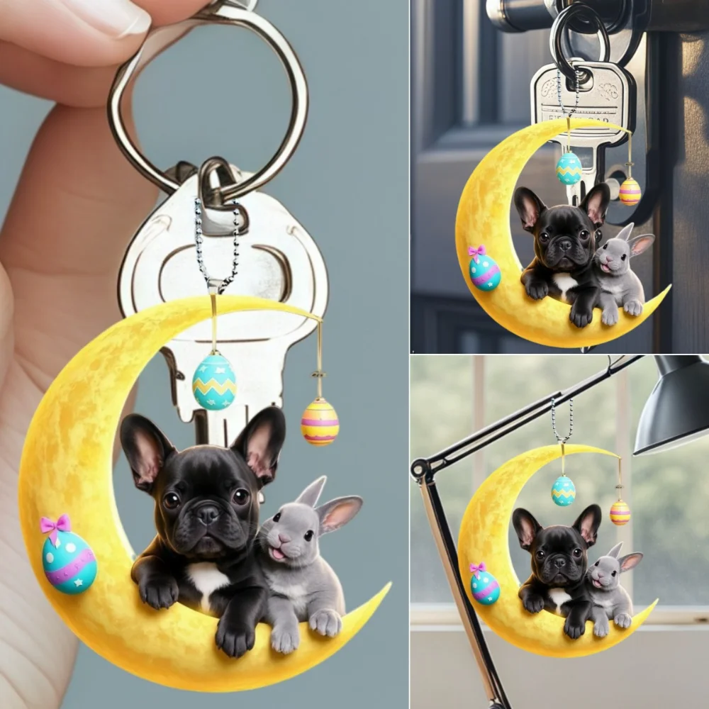 French Bulldog & Rabbit on Moon Pendant Keychain,Easter Egg 2D Flat Acrylic Hanging Charm,Decor for Car,Bags,Party,Festive,Gift