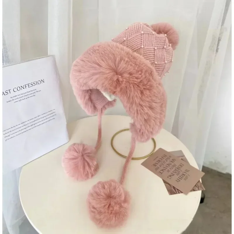 Knitted Hat for Women Winter Cute Cartoon Pearl Fur Ball Sweater Hat with Plush Thickened Fur Collar Windproof and Warm Hat