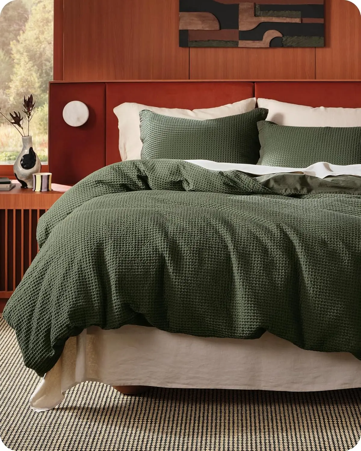 

Cotton Duvet Cover King Size 100% Cotton Waffle Weave Olive Green 3 Piece Bedding Set Breathable All Season