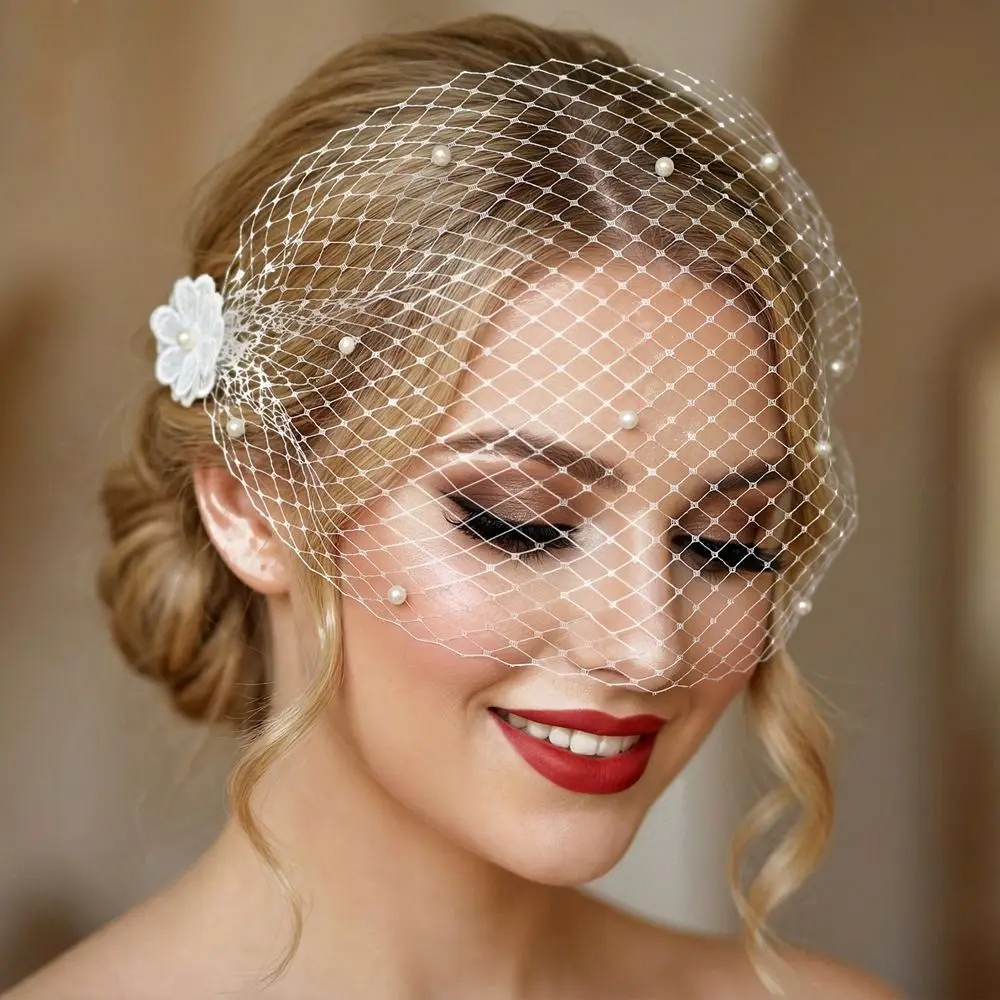 Women's Headpieces French Style Birdcage Veil Mesh Rhinestone Bridal Headwear Pearl Fairy Bride Veils Face Cover