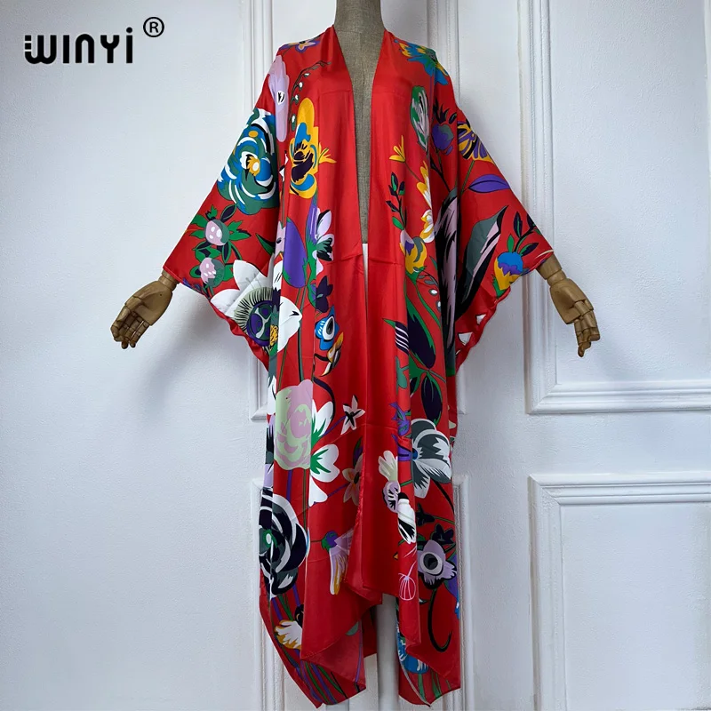 WINYI moda letnia plaża Boho kwiatowy nadruk Cover Up sweter eleganckie wakacyjne Kimono stroje plażowe kobiety sukienka kaftan