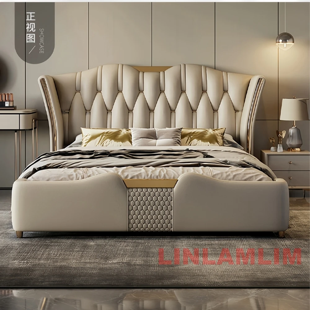 Linlamlim Luxury Modern Upholstered Bed Frame with Gold Accents, Genuine Leather Designer Bed, Queen/King Size Bedroom Furniture