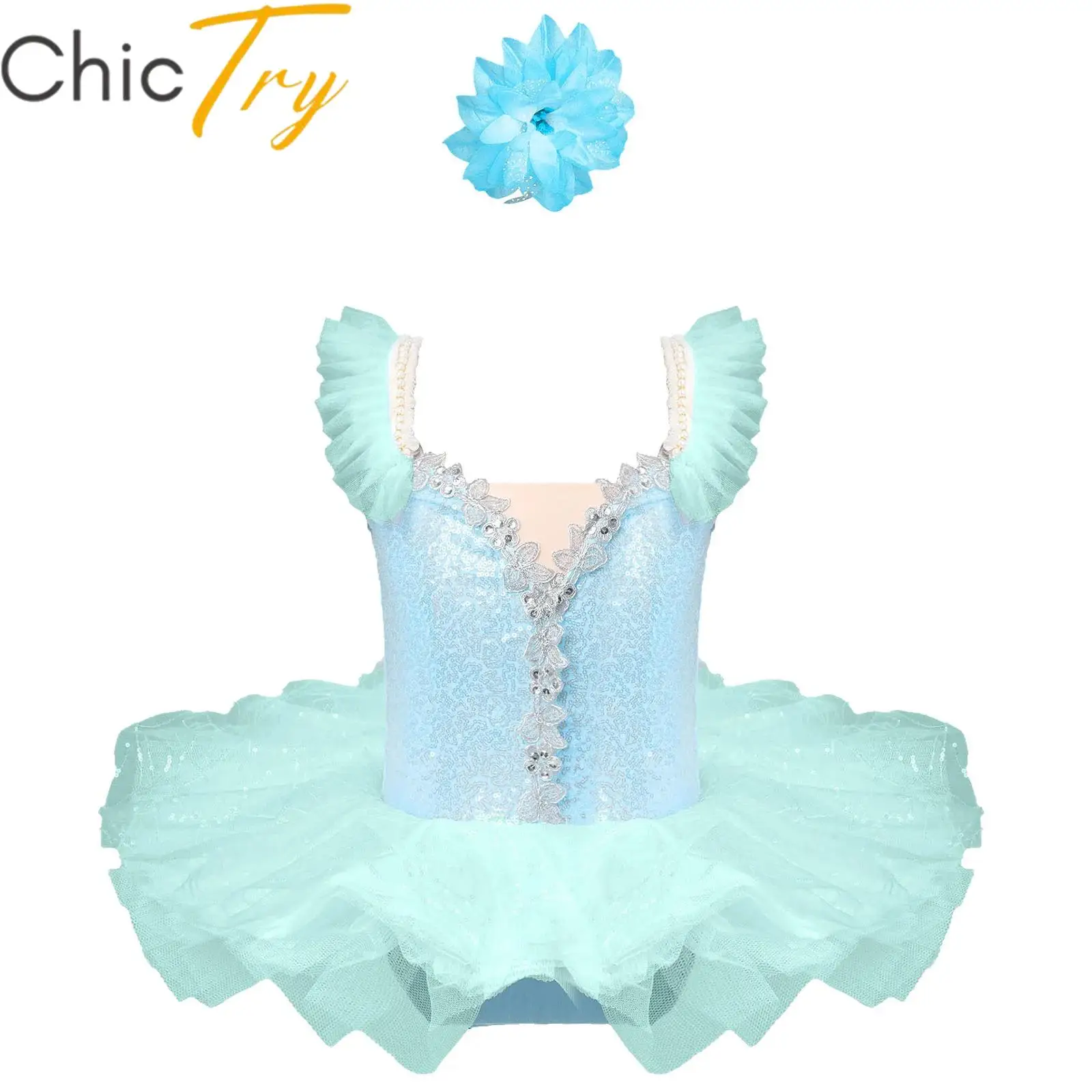 

Kids Girls Ballet Dance Dress Ballerina Princess Costume Dancewear Adjustable Straps Sequins Lyrical Tutu Dress with Headwear