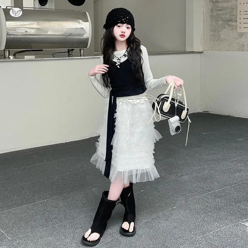 Girls' French chiffon dress for spring and summer 2026, new mid size children's ribbon vest mesh A-line skirt, summer outfit