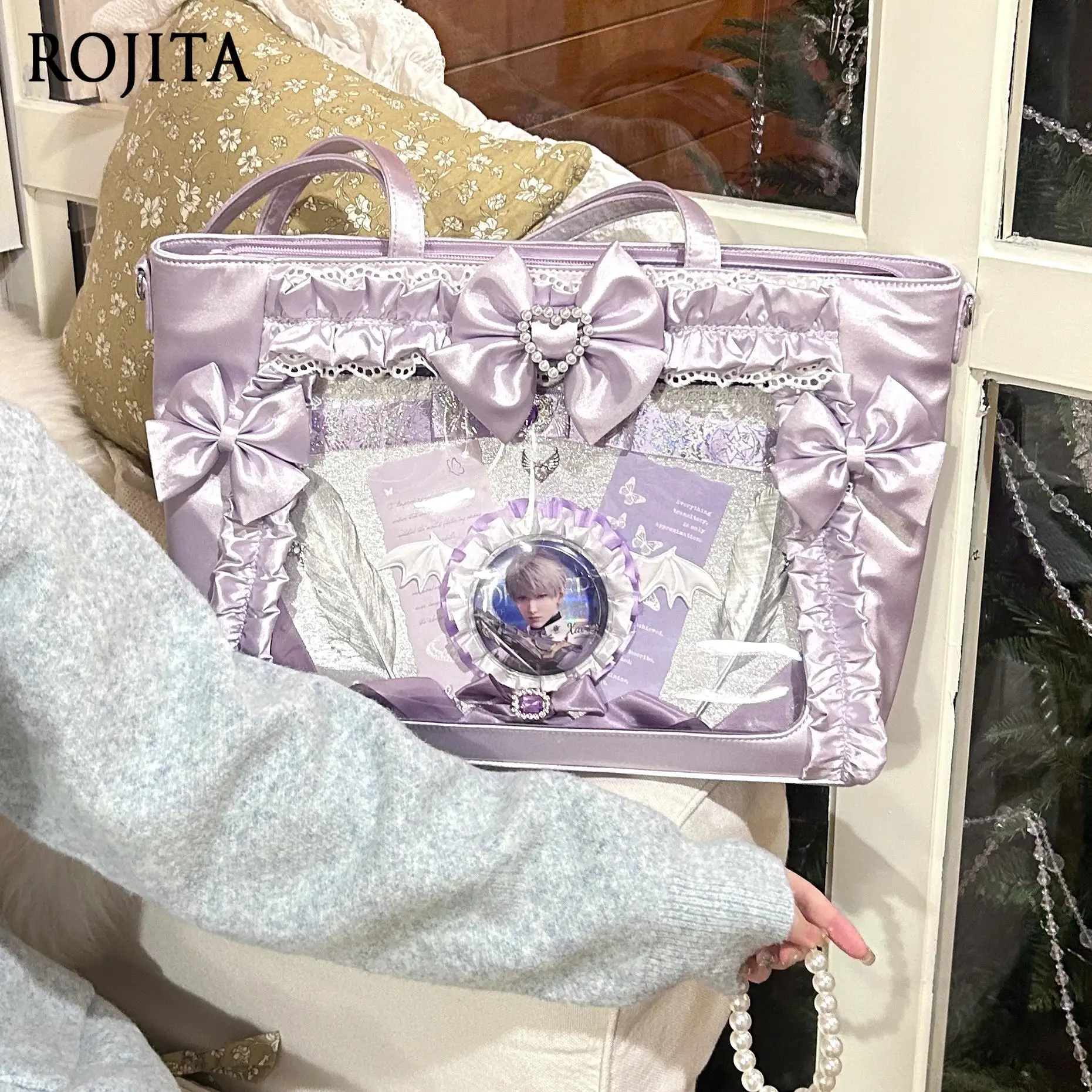 Satin Shiny Texture Princess Pain Bag Bowknot Pearl Lace Tote Bag Japanese Style Large Capacity Pearl Chain Strap backpacks