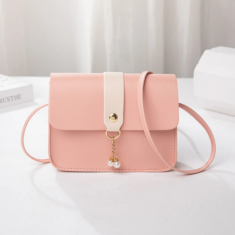 Small Square Crossbody Bag With Pearl Pendant Contrast Color Women Messenger Shoulder Phone Purse