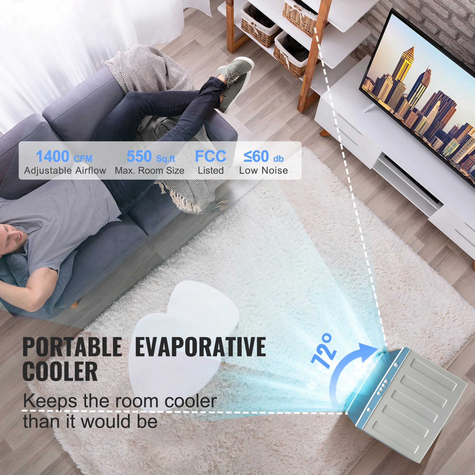 Factory Direct 2026 Evaporative Air Cooler Oscillating Swamp Cooler with Adjustable 3 Speeds and 12 H Timer Portable