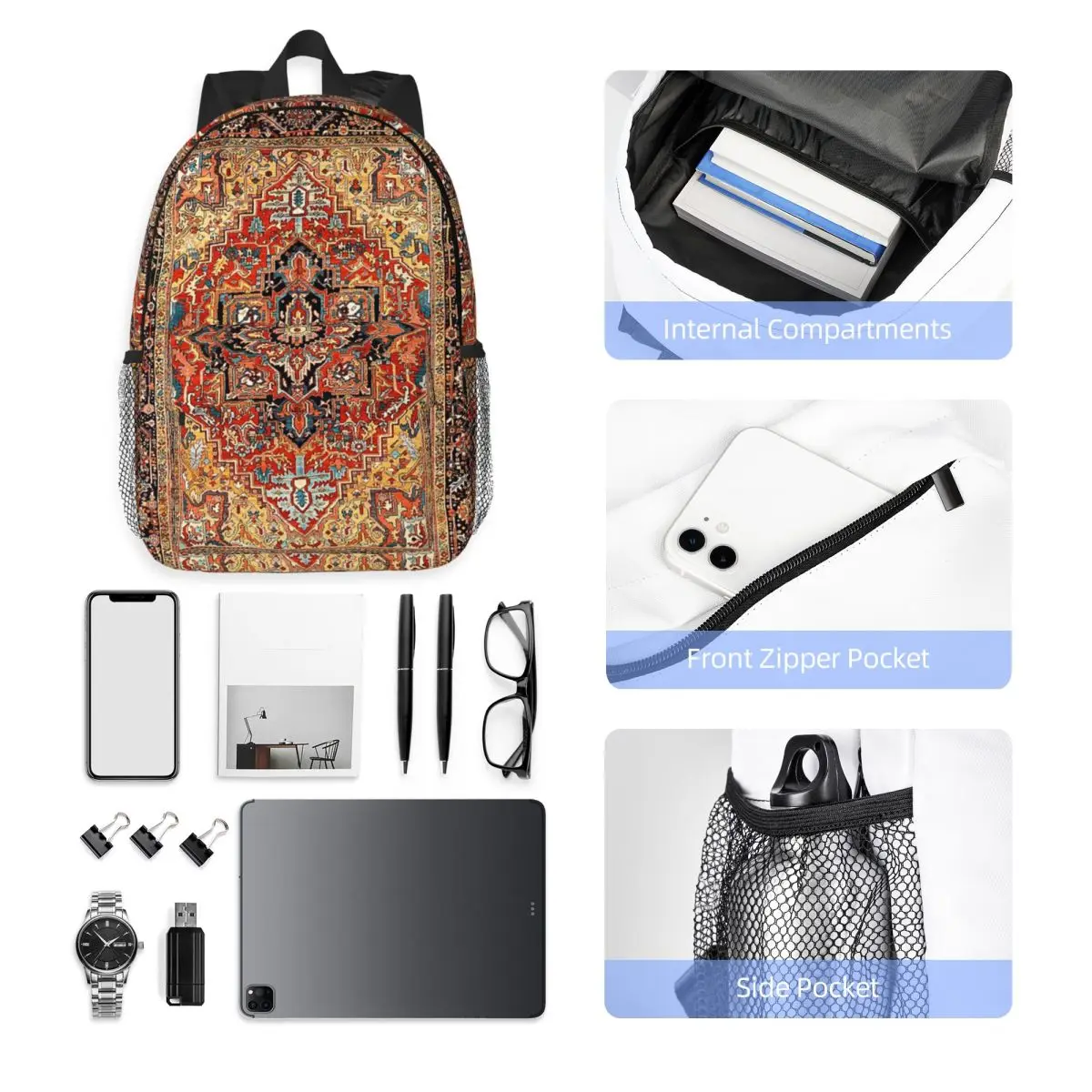 Heriz Persian Carpet Print Backpack Student Boys Girls BookBag Men Women School Bag Computer Shoulder Bags