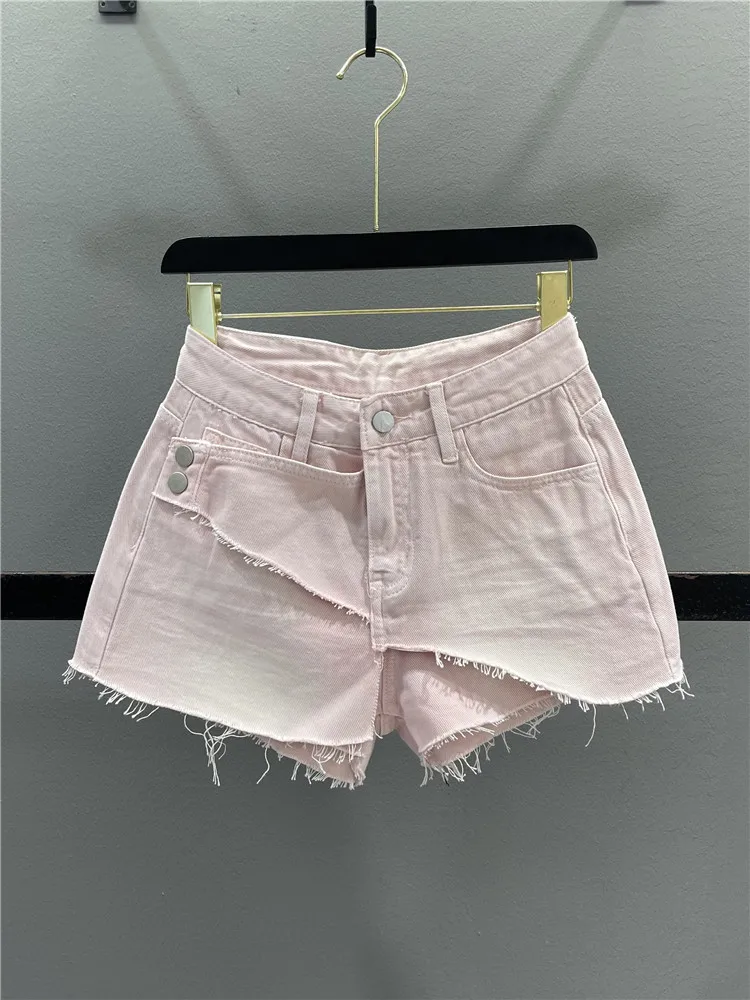 

Summer Casual A-Line Denim Shorts Women's High Waist Wide Leg Pants Frayed Hem Hot Pants Design Sense Fake Two-Piece Shorts