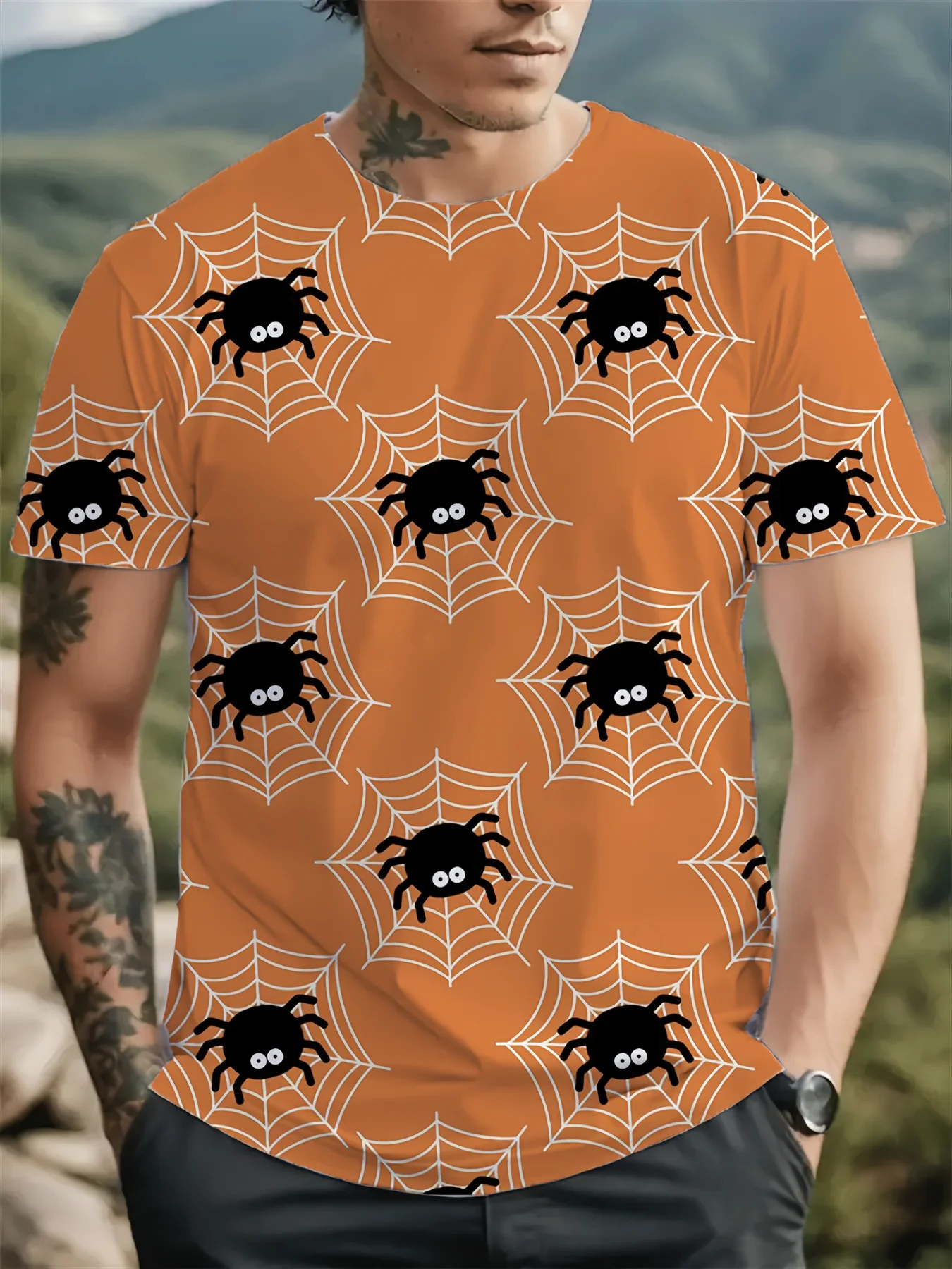 Men Short Sleeve T‑Shirt Cartoon Spider Web All‑Over Print Orange Halloween Crew Neck Tops