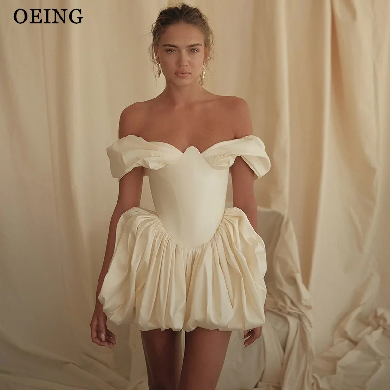 

OEING Simple A-Line Beige Prom Dresses Off Shoulder Ruched Ruffle Birthday Party Dress платье вечернее Customized