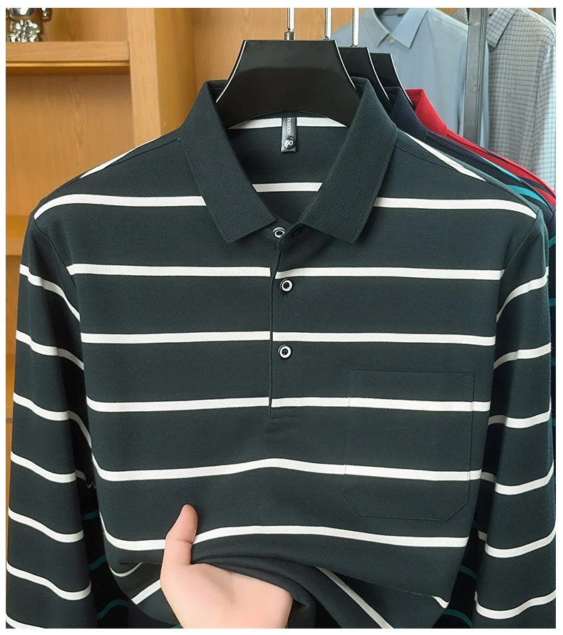 Leichtes Luxus-Poloshirt mit Streifenmuster, langen Ärmeln, für Herren, bequem, hochwertig, mit Tasche, neues lässiges T-Shirt, Frühling/Herbst, modisches Oberteil mit Kragen. – Detail 12