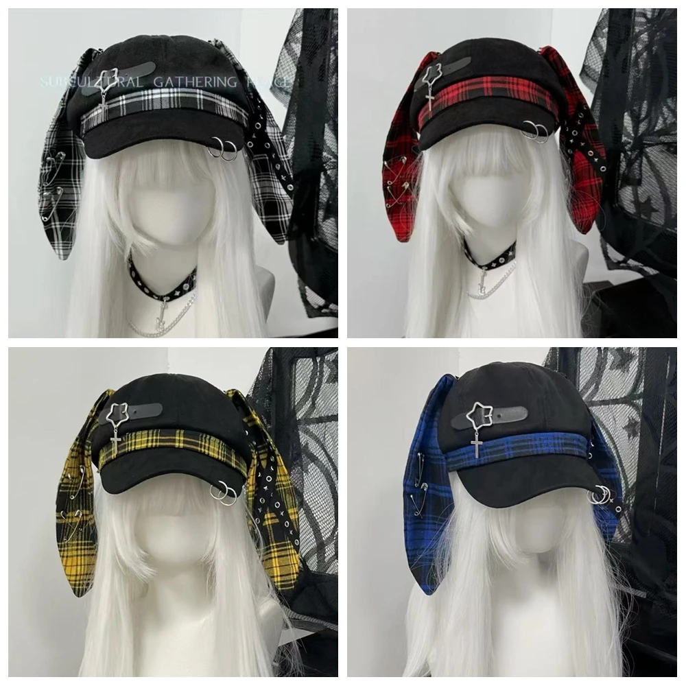 

Y2K Plaid Soft Cute Rabbit Ear Octagonal Hat for Women Subculture Beret Caps Lolita Sweet Girls Versatile Outdoor Hats