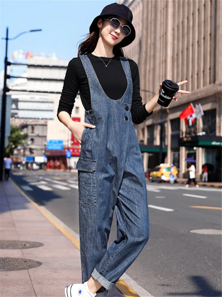 

Fashionable Loose Denim Overalls Women's Spring Autumn New Style Korean Version Slimming High Waist Pocket Detail Ladies Jeans
