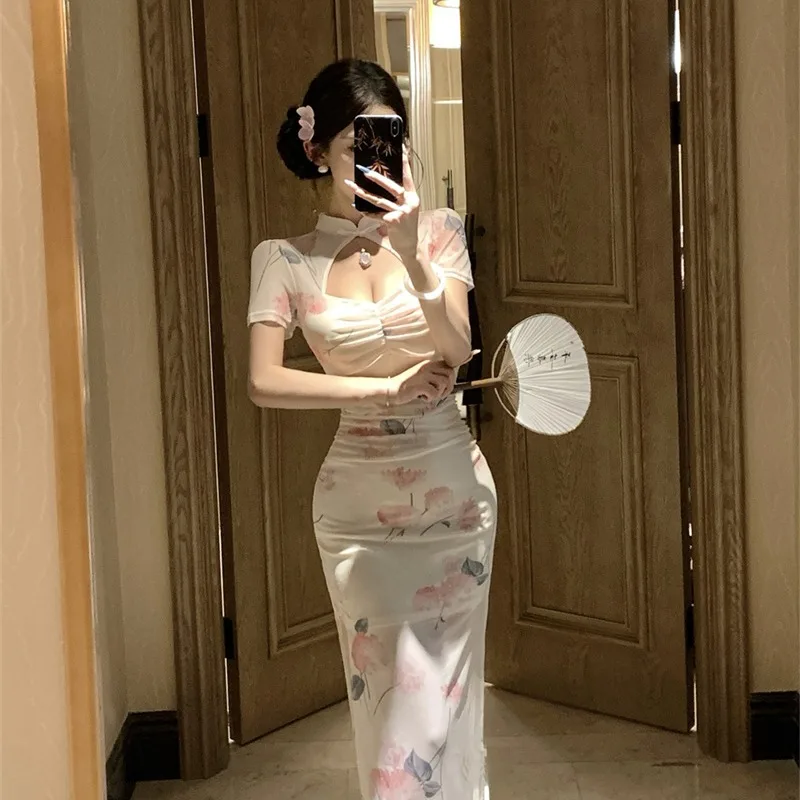 セクシーなヴィンテージ風改良旗袍ドレス、スリット入り、ミドル丈、中国風、中秋・冬の新作、レディースファッションドレス