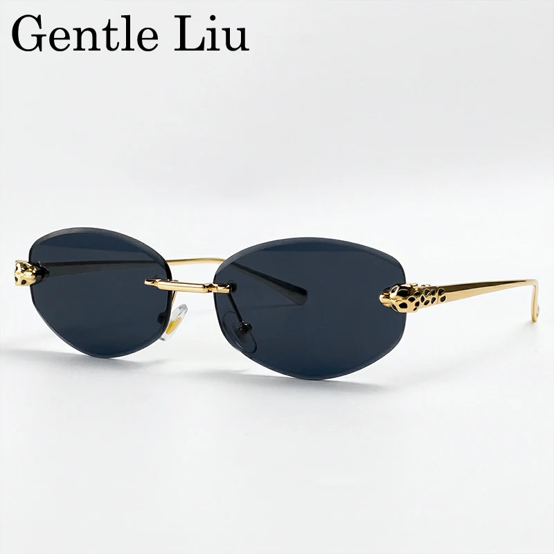 

Rimless Leopard Head Sunglasses Men Luxury Designer Vintage Small Oval Sun Glasses Male Metal Frame Eyewear Retro Driving Shades