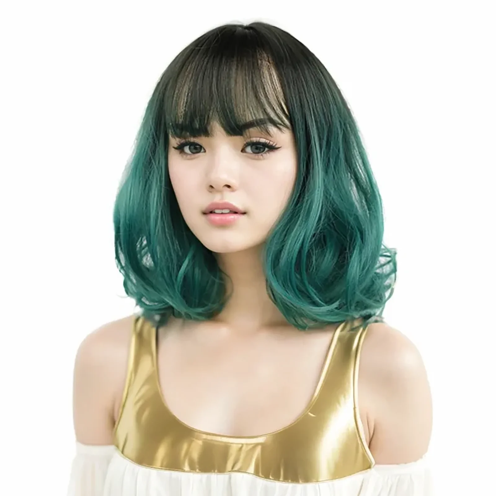 

Jeedou Black Green Ombre Water Wave Bob Synthetic Wig with Bangs Cosplay Short Hair for Modern Young Girls