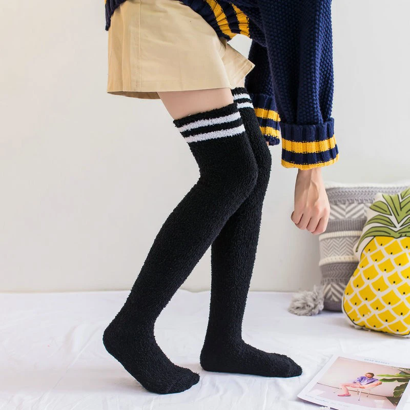 1Pair Soft Coral Fleece Knee Socks Winter Warm Girls Women Cute Stockings Striped Cozy Long Thigh High Socks Christmas