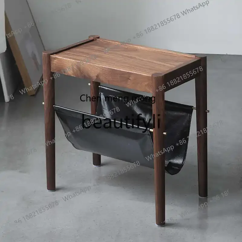 K182Solid wood bedside table wood wax oil coating with metal leather pocket bedside table