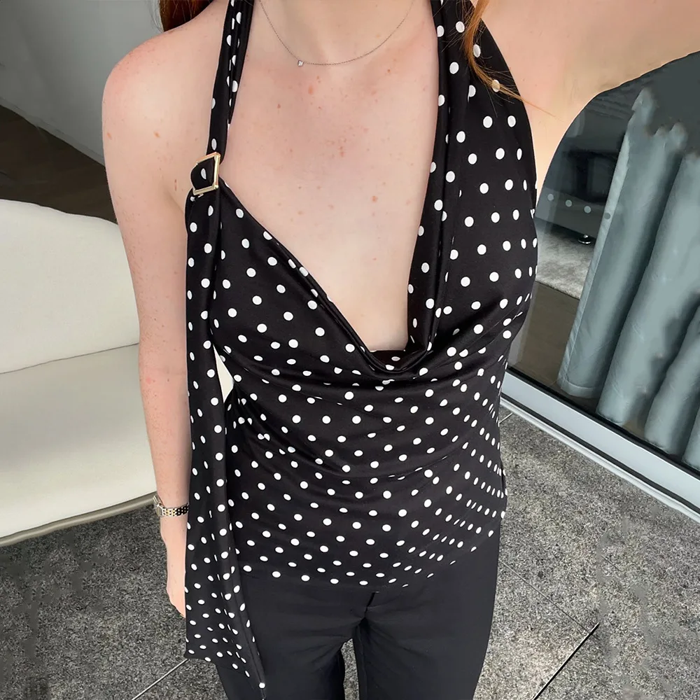 Ins Style Summer Polka Dot V-Neck Camisole Sexy Waist-Cinching Sleeveless T-Shirt 2025