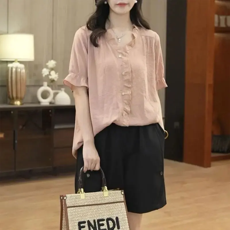 Stylish Lace Patchwork V-Neck Shirt Casual Female Clothing Solid Color Loose Summer Button Korean Short Sleeve All-match Blouse