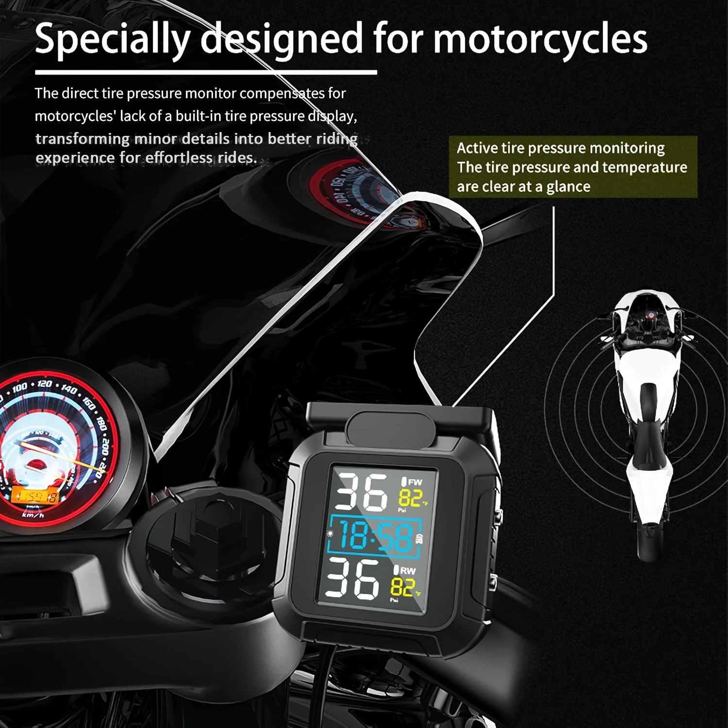 Motorcycle TPMS Solar USB Charge External Sensors LCD Display Real‑Time Pressure Temperature TPMS Solar Charge Tyre Temperature