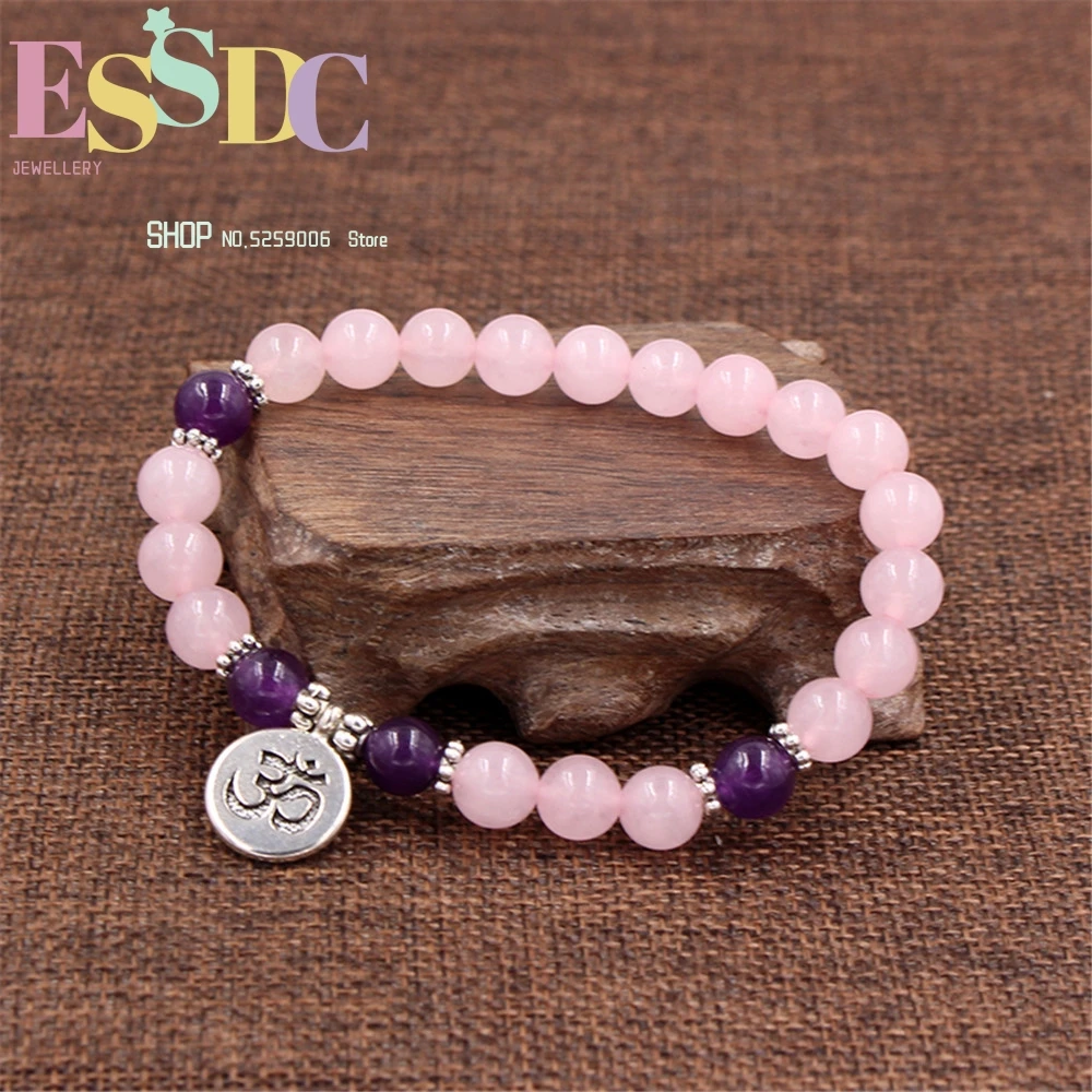 8mm Natural Pink Crystal Purple Stone Lotus Tree of Life 3D Buddha Charm Elastic Bracelets for Women Yoga Meditation