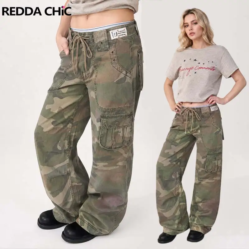 REDDACHiC Camo Cargo Pants for Women Boyfriend Do Old Straight Low Rise Drawstring Mulit-pockets Baggy Joggers Hiphop Streetwear