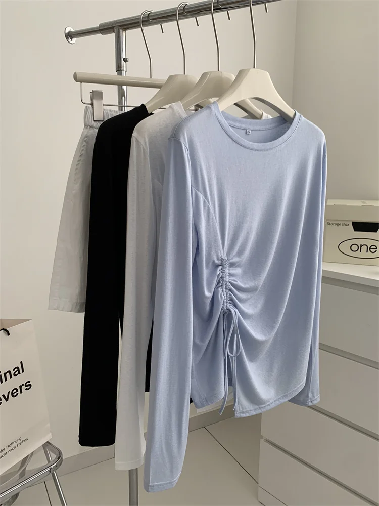 Irregular Micro Transparent Thin Long Sleeve T-shirt Women Spring Summer Round Neck Shirring Solid Color Sunscreen Shirts