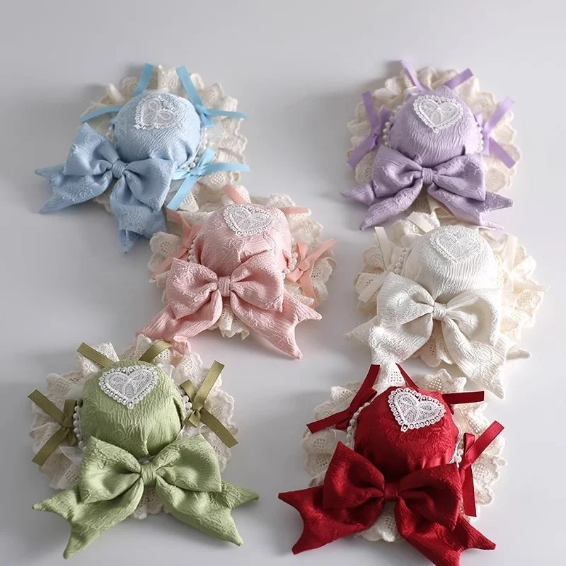 Sombrero pequeño gótico de pescado Multicolor para mujer, gorro plano con lazo de encaje dulce de Lolita, sombrero de Cosplay KC con corazón de mariposa de Ballet azul