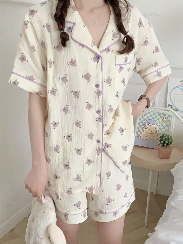 Summer Women\'s Short-sleeved Shorts Pajama Suit Lapel Cotton Shirt Cute Bunny Print Can Be Worn Outside 2024 Hot Sale