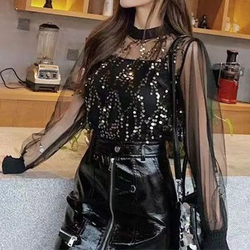 Women Clothing Sexy See Through Transparent Mesh Sequins Long Sleeve T-shirt Black Slim Spaghetti Strap Clubwear Tank Tops Sets