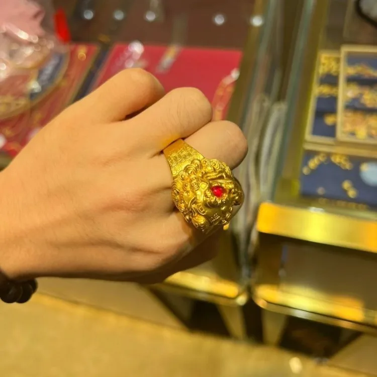 luxury real gold jewelry 24k certifid green lion general ring men's 999 pure gold beast curly grass pattern ring
