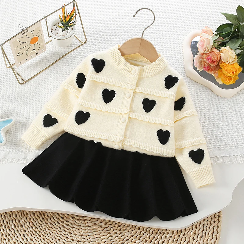 2025 New Autumn Winter Children Knitted Clothes Suit 2-6Yrs Baby Girls Clothing Set Long Sleeved Knitted Cardigan+Short Skirt